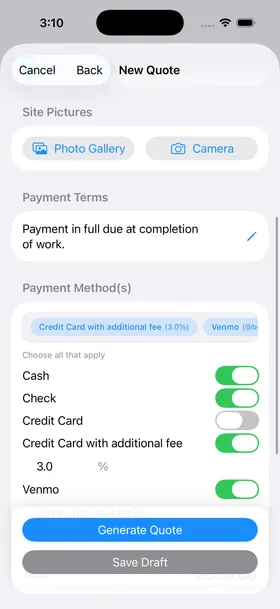 Quote builder with payment options