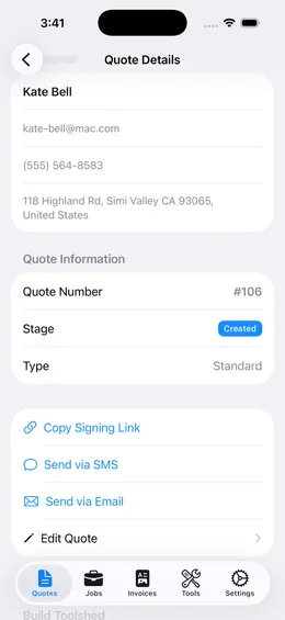 Send quote via link, SMS, or email