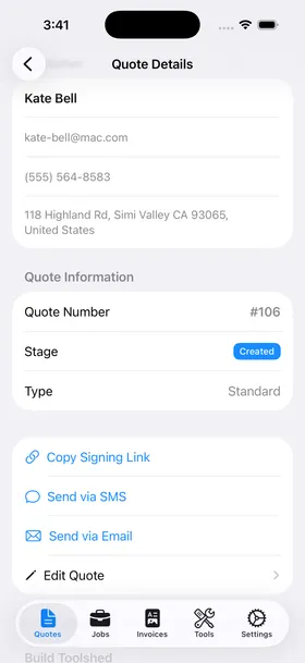 Send quote via link, SMS, or email