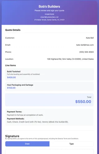 Customer views and signs quote in browser